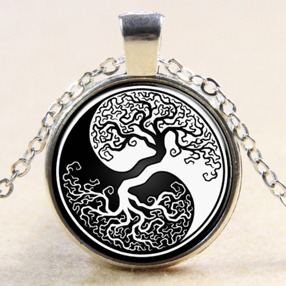 Yin Yang Tree of Life Glass Dome 18" Necklace